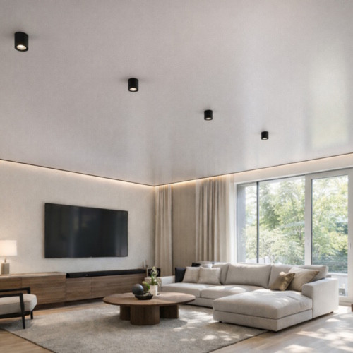 Монтаж матового потолка с накладными светильниками в гостиной