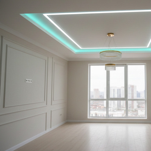 Монтаж негорючего двухуровневого натяжного потолка с подсветкой в нише и световой линией &laquo;квадрат&raquo; в