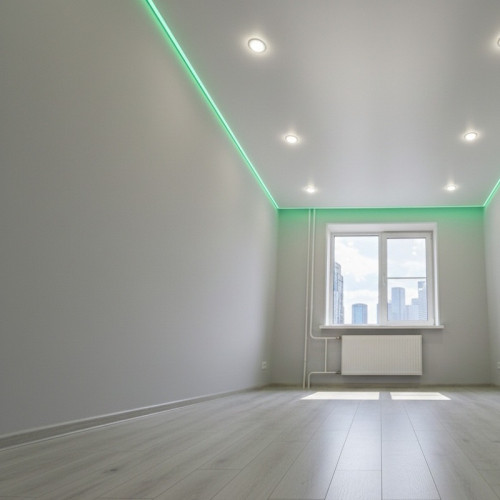 Монтаж парящего натяжного потолка с RGB-подсветкой в комнате