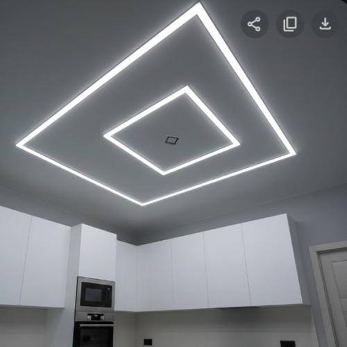 Монтаж негорючего натяжного потолка со световыми линиями &laquo;двойной квадрат&raquo; на кухне