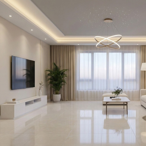 Монтаж двухуровневого натяжного потолка с подсветкой по периметру и &ldquo;Звёздным небом&rdquo; в зале