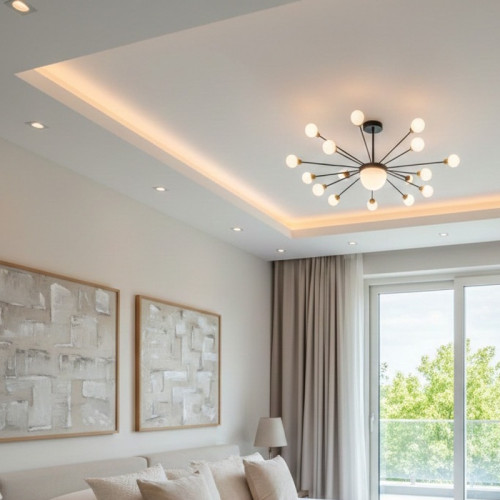 Монтаж многоуровневого матового потолка с нишей под подсветку в спальне