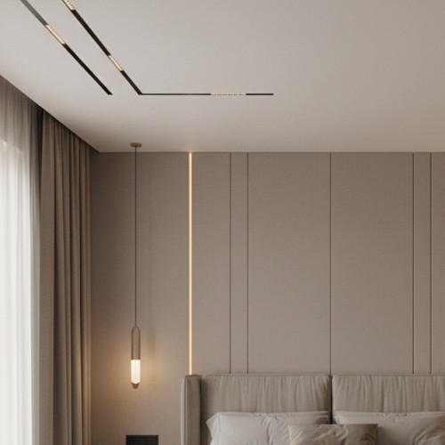 Монтаж матового потолка со световыми линиями в спальне