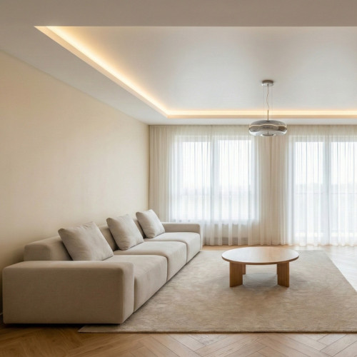 Монтаж потолка в два уровня с нишей под контурную подсветку в гостиной