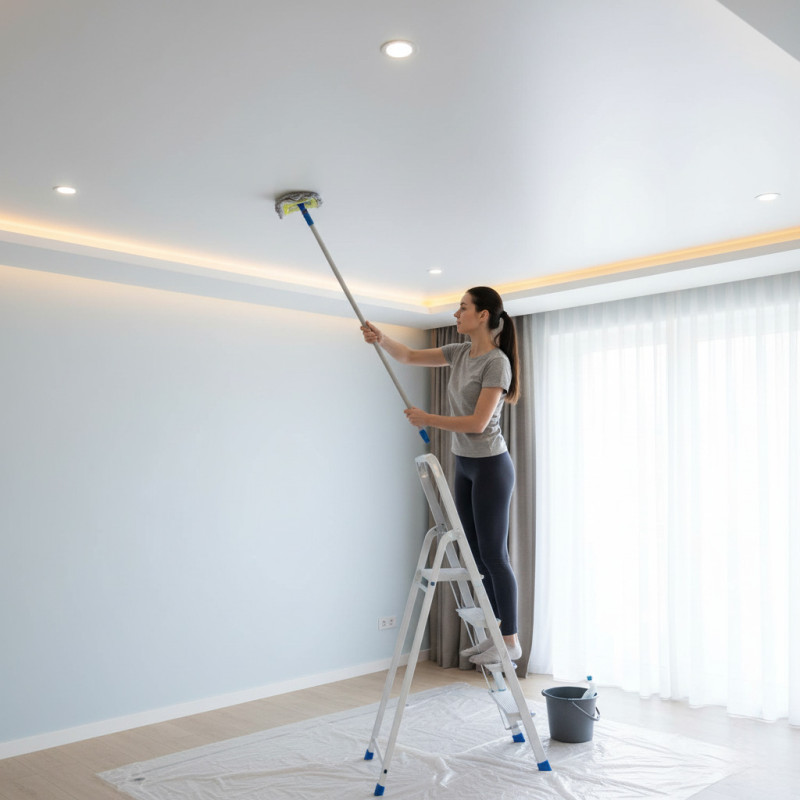 Девушка моет потолок