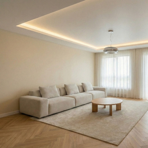 Монтаж потолка в два уровня с нишей под контурную подсветку в гостиной