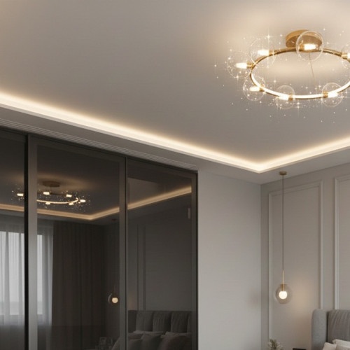 Монтаж матового потолка с нишей под скрытую подсветку в спальне