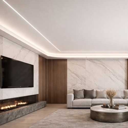 Цена матового потолка со световыми линиями в гостиной