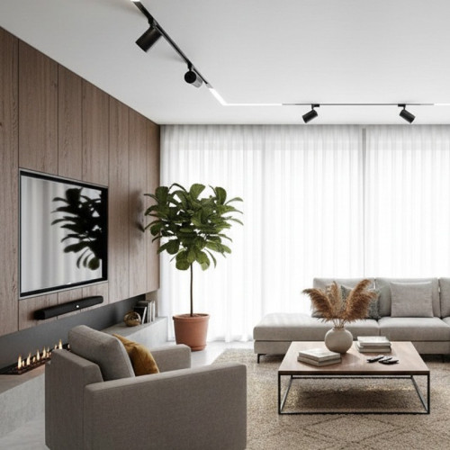Монтаж натяжного потолка с магнитными треками в гостиной