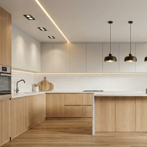 Монтаж натяжного потолка со световыми линиями на кухне