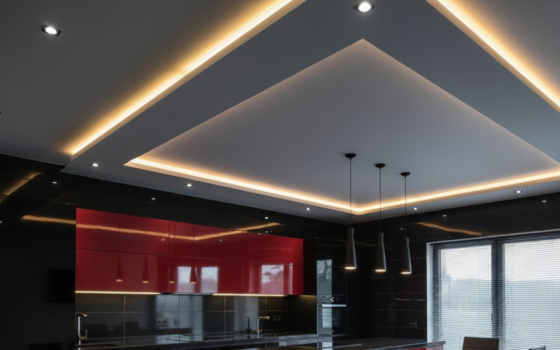 Потолок на черно-красной кухне
