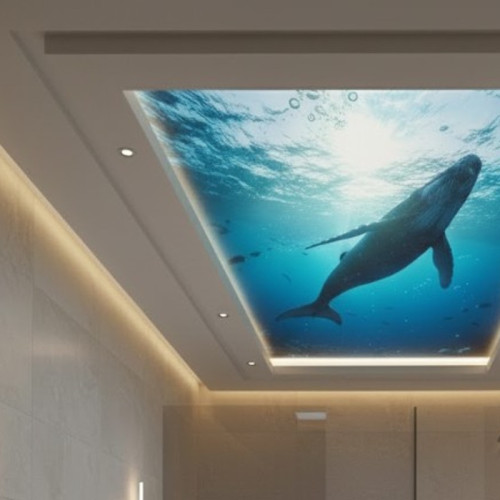 Потолок с фотопечатью и подсветкой в ванной комнате
