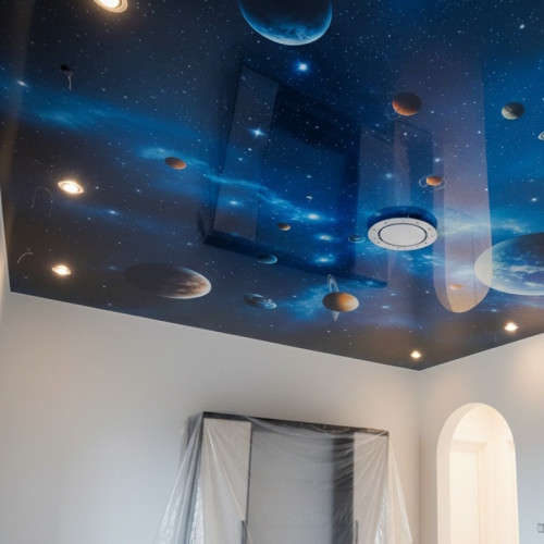 Монтаж потолка с фотопечатью &laquo;Космос&raquo; и точечными светильниками
