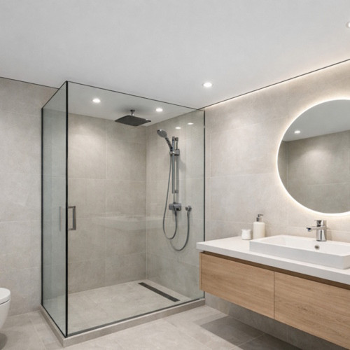 Белый парящий влагостойкий потолок в ванной комнате