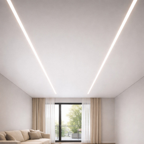 Цена матового потолка со световыми линиями в гостиной