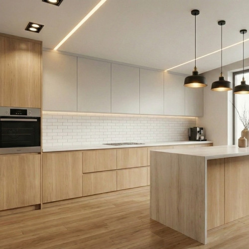 Монтаж натяжного потолка со световыми линиями на кухне