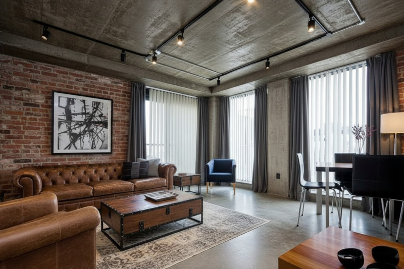 Натяжной потолок под бетон с трековым освещением