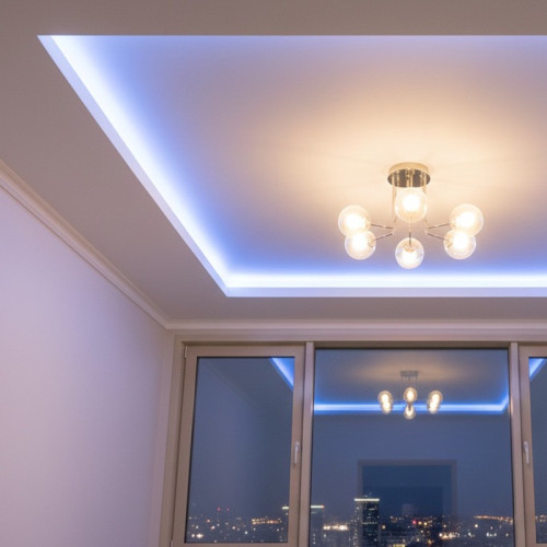 Монтаж натяжного потолка с нишей и RGB-подсветкой по периметру в гостиной