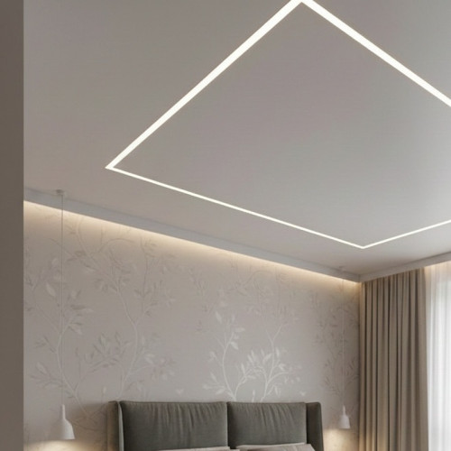 Монтаж сатинового натяжного потолка со световой линией в спальне