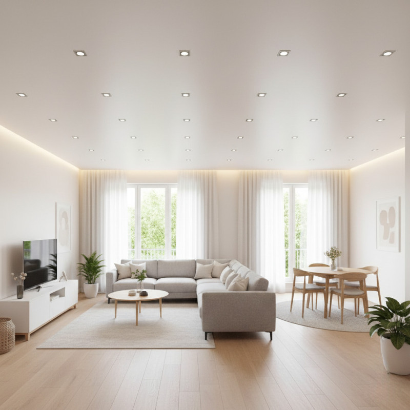 Точечные светильники в гостиной в светлой