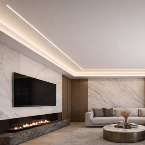 Цена матового потолка со световыми линиями в гостиной