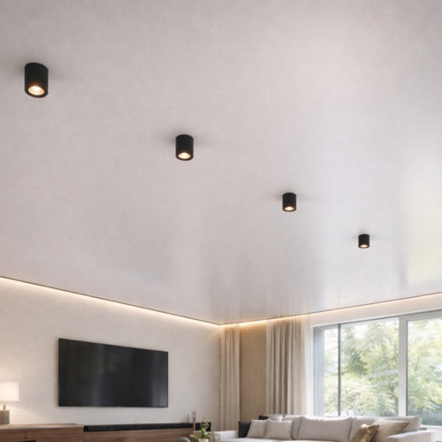 Монтаж матового потолка с накладными светильниками в гостиной