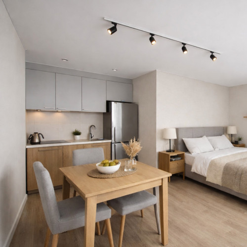 Потолок с трековыми светильниками в квартире-студии