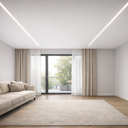 Цена матового потолка со световыми линиями в гостиной