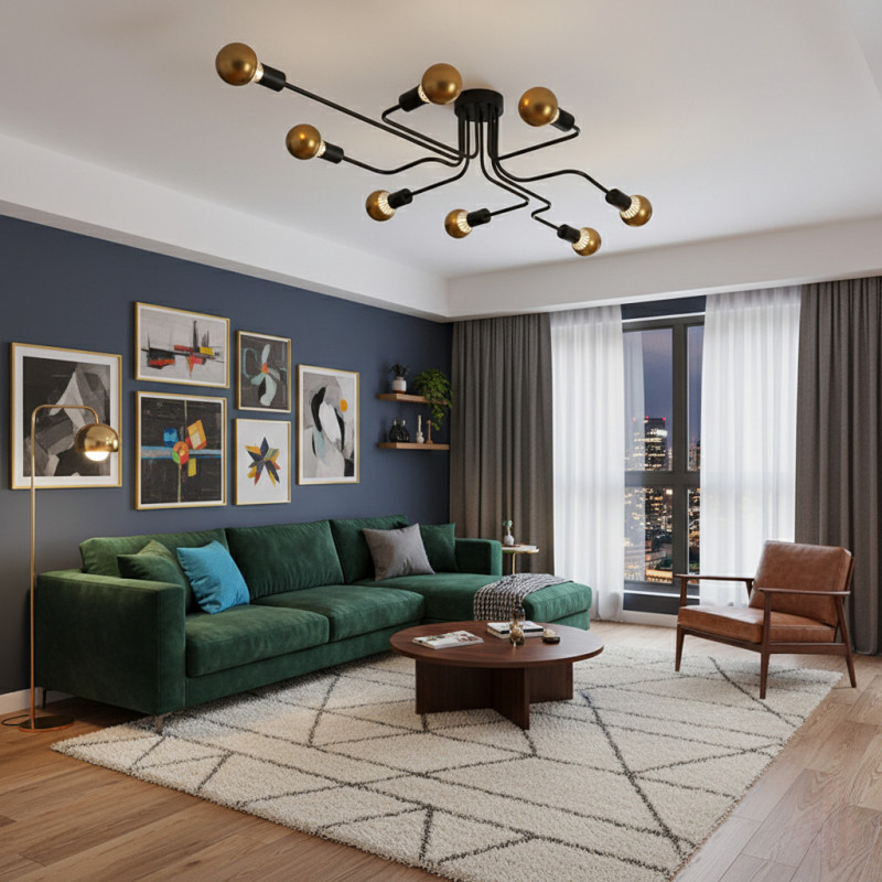 Люстра с лампочками в гостиной