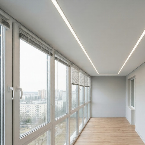 Натяжной потолок со световыми линиями на балконе