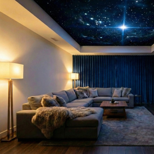Натяжной потолок &laquo;Звёздное небо&raquo; с нишей и контурной подсветкой в гостиной