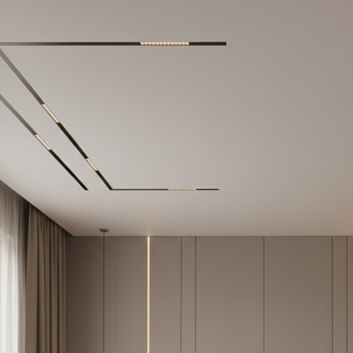 Монтаж матового потолка со световыми линиями в спальне