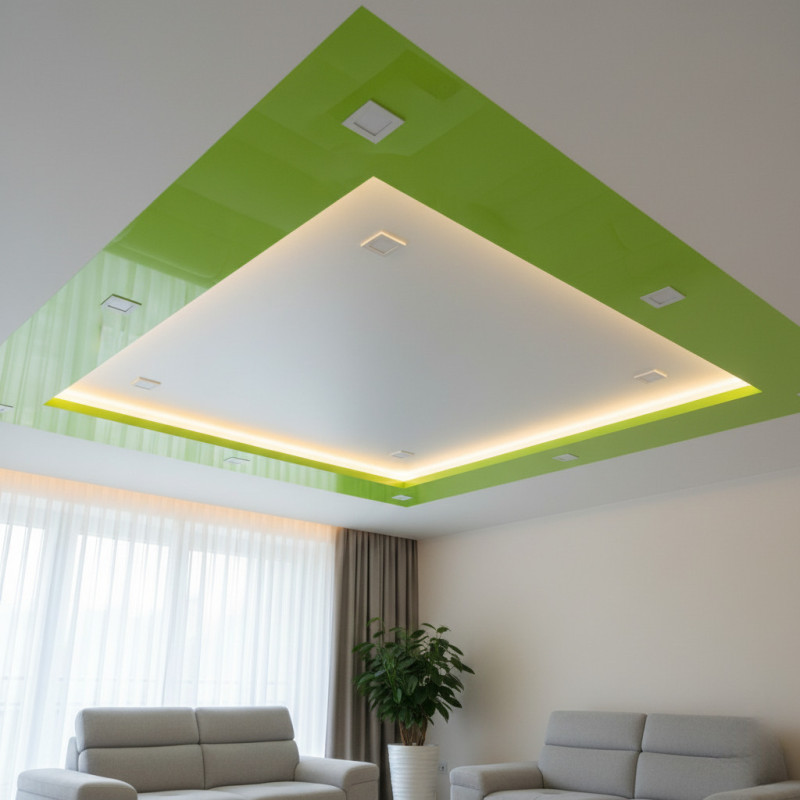 Салатовый глянцевый квадрат на матовом потолке