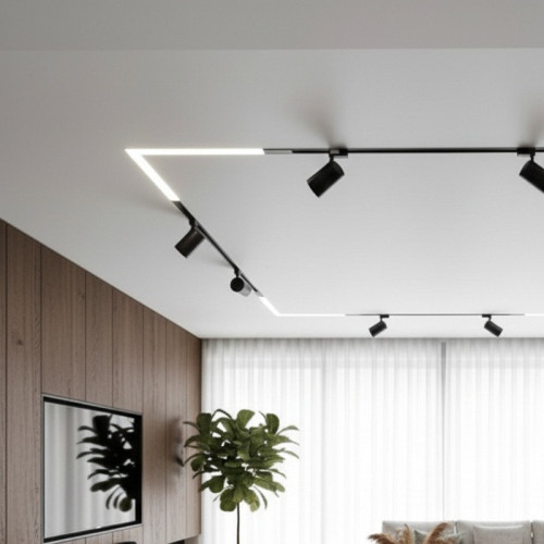 Монтаж натяжного потолка с магнитными треками в гостиной