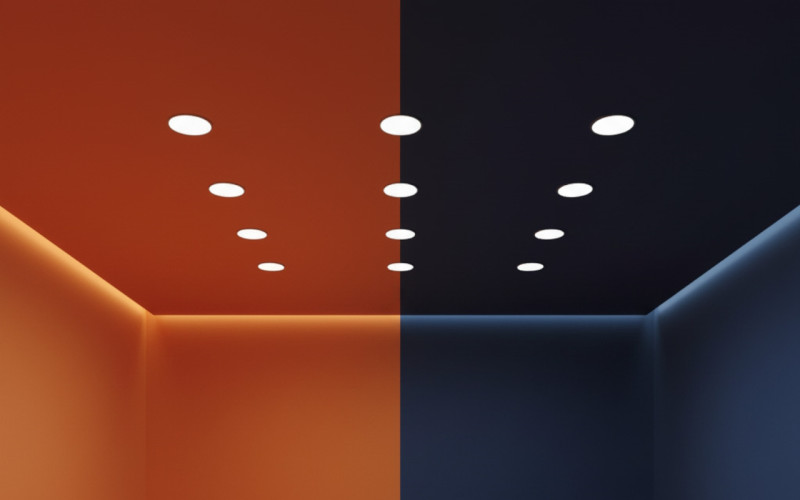 Оранжевый и синий потолок с точечными светильниками