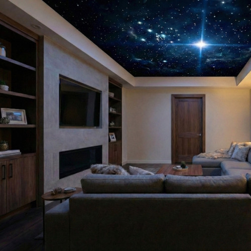 Натяжной потолок &laquo;Звёздное небо&raquo; с нишей и контурной подсветкой в гостиной