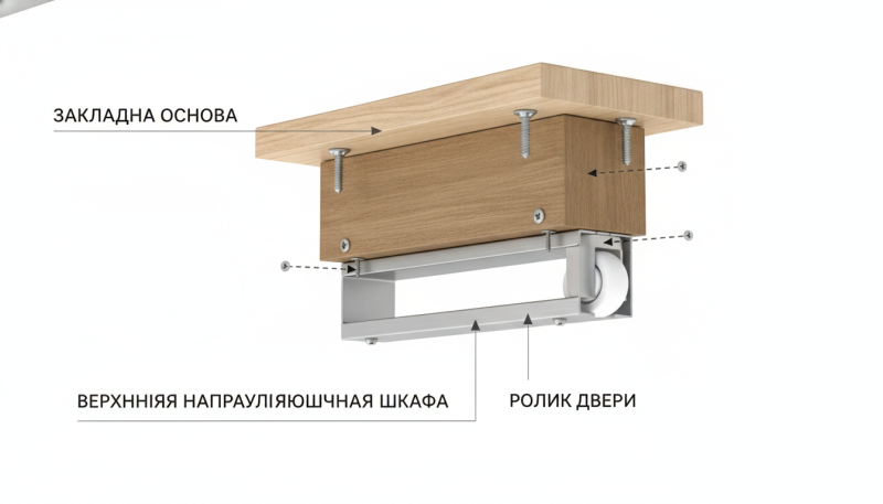 Поперечное сечение натяжного потолка с верхней направляющей шкафа на закладной