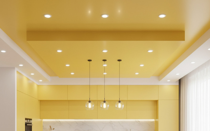 Многоуровневый желтый на кухне