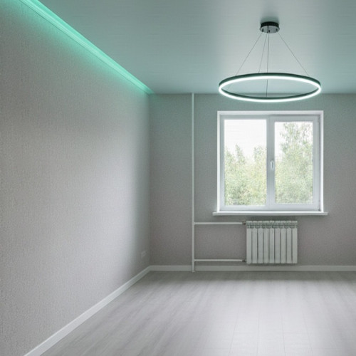 Монтаж парящего натяжного потолка с RGB-подсветкой и подвесным светильником