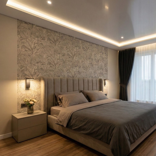 Монтаж двухуровневого натяжного потолка с подсветкой по периметру и точечными светильниками в спальн