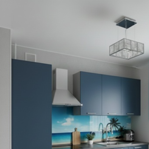 Монтаж сатинового натяжного потолка на кухне с люстрой