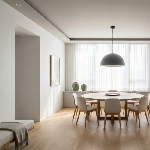 Монтаж двухуровневого потолка с теневым контуром и точечными светильниками в гостиной-столовой