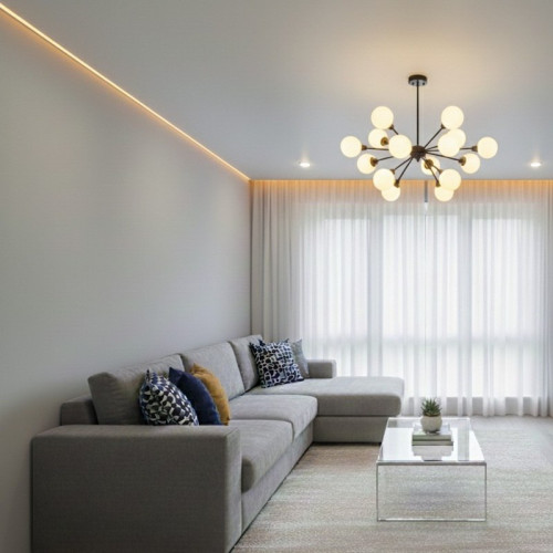 Монтаж парящего натяжного потолка с RGB-подсветкой в гостиной