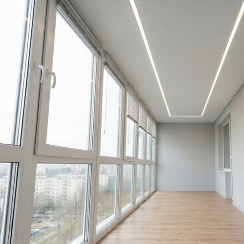 Натяжной потолок со световыми линиями на балконе