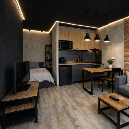 Чёрный потолок с подсветкой в квартире-студии