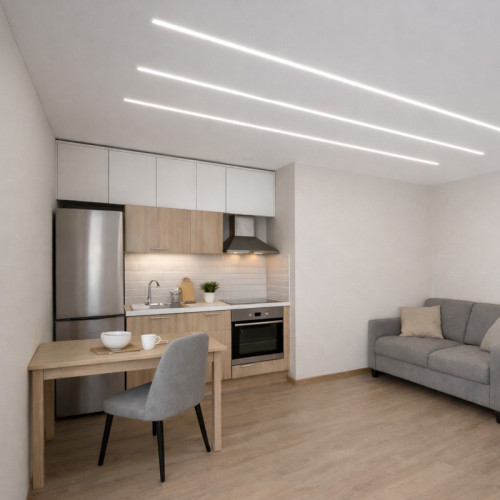 Цена матового потолка со световыми линиями в квартире-студии