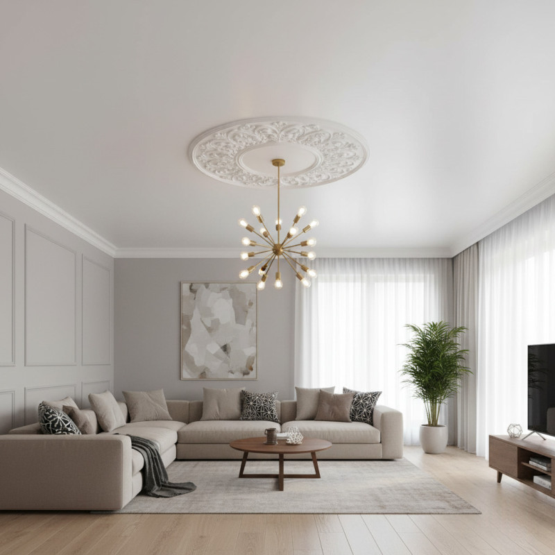 Потолок в гостиной с люстрой