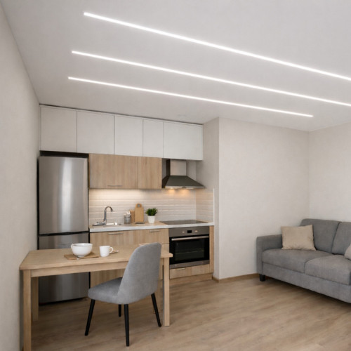 Цена матового потолка со световыми линиями в квартире-студии