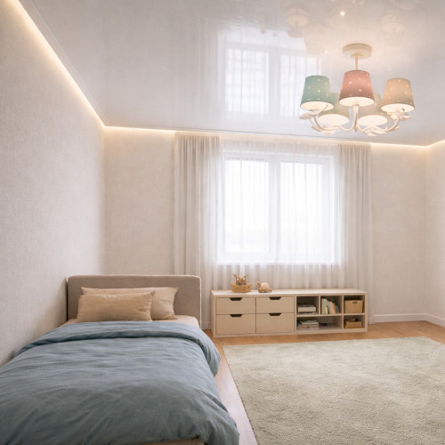 Цена недорого глянцевого натяжного потолка в детской