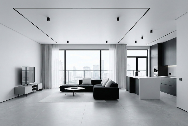 Гостиная с чёрным диваном